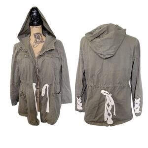 Small Hayden Olive Green Hooded Cargo Utility Jacket, Lace Up Detail
